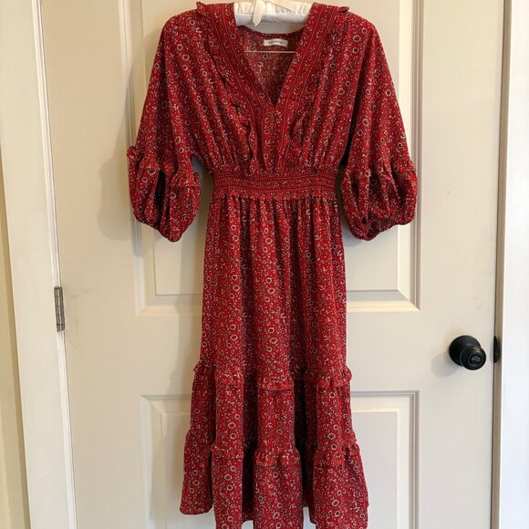 Max Studio Boho Empire Waist Floral Prairie Dress Dark Red White Size Small - Picture 6 of 14